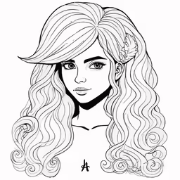 an inking portrait of a girl with long hair and wavy hair