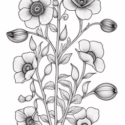 an ink drawing with some flowers on it,the illustration shows the delicate flower, leaves and buds as well as a single bud