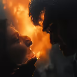 a man and woman in the midst of fire