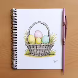 a drawing of a basket with painted eggs,a pen and pencil resting on a book with a picture of four eggs inside a basket,some eggs sit in a basket with a pen,an open notebook with colored easter eggs in the basket on a table,a drawing of an egg basket on a wooden table