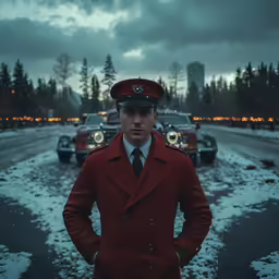 man in military uniform standing next to trucks