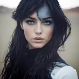 a beautiful woman with long black hair and blue eyes wearing black clothes