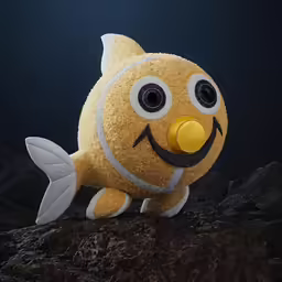 a yellow stuffed fish with googly eyes on top of a rock