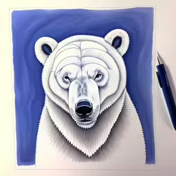 a drawing of a polar bear, one blue and the other white,an image of a bear made with ink,the drawing of a white polar bear is finished on a white paper,this is a drawing of a white bear with blue background,a drawing of a polar bear on paper