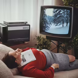 a woman lying on the floor looking at an old television