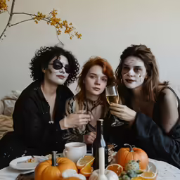 three women at a table with food, drinks and halloween makeup