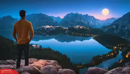 a man looks out at the mountains as night stands