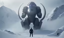 man standing in snow next to giant robot on a cloudy day