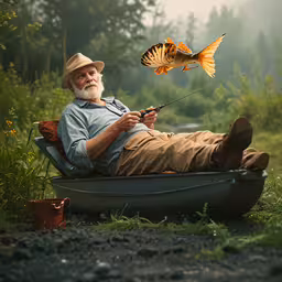 a man with a hat on and an orange fish sitting on his foot,a man wearing a hat and pants laying on a boat with a butterfly attached to it