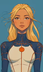 a girl with long blonde hair is standing in front of a blue background