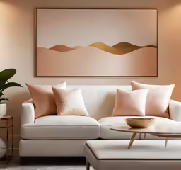 a white couch with pink and gold pillows is in front of the picture