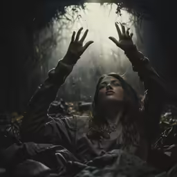 a woman in a creepy costume with hands above her head
