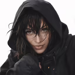a beautiful woman with frizzy hair in a hooded jacket