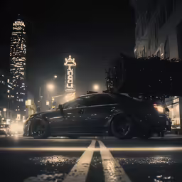 the cars are parked in the city at night