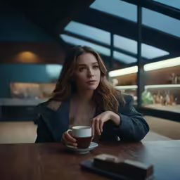 a young woman is sitting at a table holding a cup