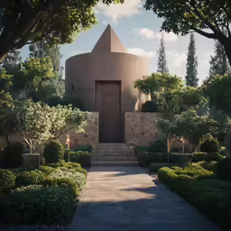 a house sitting among trees and shrubbery on the side of a pathway