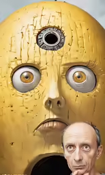 a man with a weird face looks into the distance