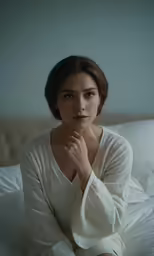 a woman sitting on a bed in a room