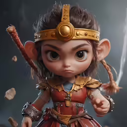 a very cute little girl dressed in armor and holding a stick