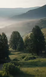 a group of trees in a field with fog