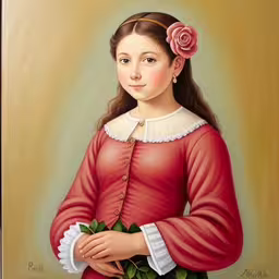 the girl has long hair and wearing a red blouse,a painting of a girl in a red shirt holding a flower