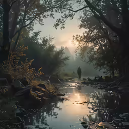 a man stands on the edge of a small stream near a wooded area