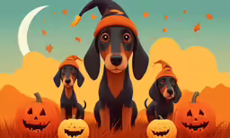 two dogs with pumpkins and one cat sitting on a halloween pumpkin