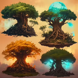 a fantasy island in the air with trees growing out,four different types of trees with various shapes and colors