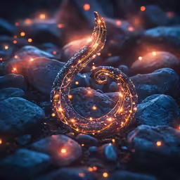 the glowing letter s is on top of some rocks