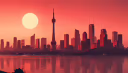 a picture of the city skyline during sunset