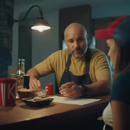 a man wearing an apron is eating at the bar