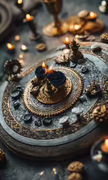 two candle holders sitting on top of an ornate metal tray