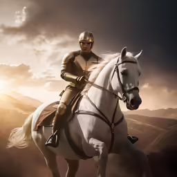 a man riding on the back of a white horse