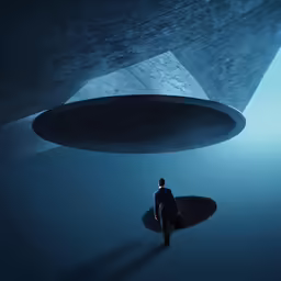 the man is standing under an enormous round object