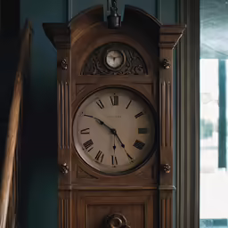 an antique clock sitting on a wooden shelf