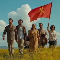 a group of people walking in a field with the flag of the communist reich empire