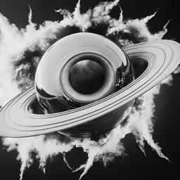a black and white photo of the saturn system in the sky