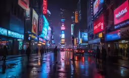 people are walking in the rain down a city street