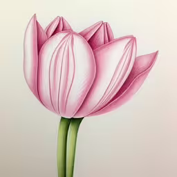 a pencil drawing of a pink flower, with a green stem,a pink flower sitting in a glass vase,an illustration of a pink flower on a white background,an artistic drawing of a pink tulip,a flower is shown in this drawing of a pink flower