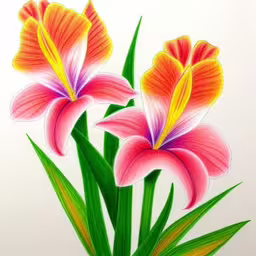 two flowers are in front of a white wall,two pink and orange flowers painted with oil