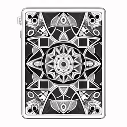an abstract drawing on paper with black and white lines,a drawing of a black and white pattern,an ink drawing on a paper with a square shape,an artistic picture that is black and white,a card deck with black and white designs on it