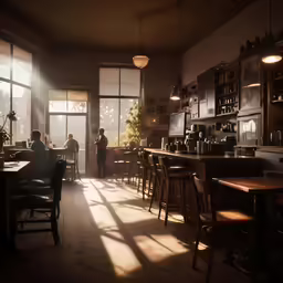 two people sitting at tables in a dark bar