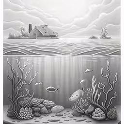 two fish in the sea and three small houses