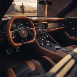the interior of a car with tan leather trimmed dash lines and leather trims