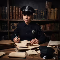 a woman police officer working at her desk with books,a person in uniform at a table with books