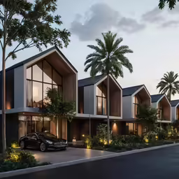a rendering of a modern town at twilight