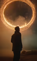 a person with a ring around them looking at the sky