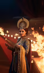 a woman dressed in oriental costume in front of fire