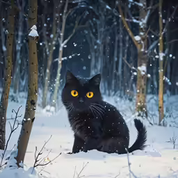 a black cat is sitting in the snow with a glowing yellow eyes