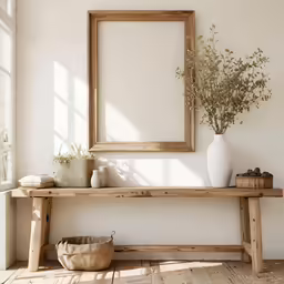 wooden bench in the corner with flower vase and framed art